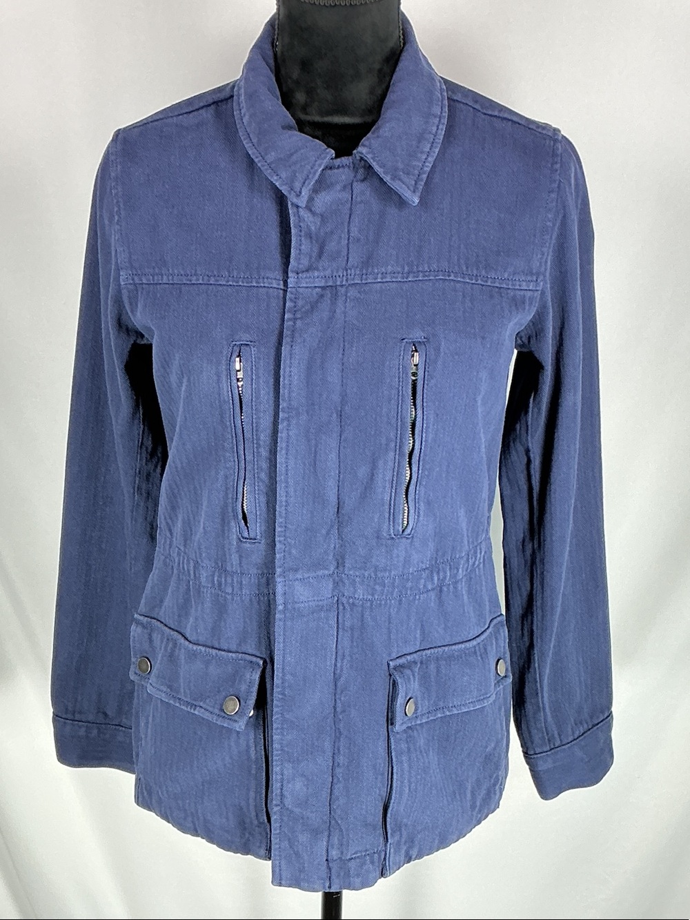 Lucky Brand Navy Blue Utility Jacket Waist Tie Zip Flap Pocket Petite Size S/P